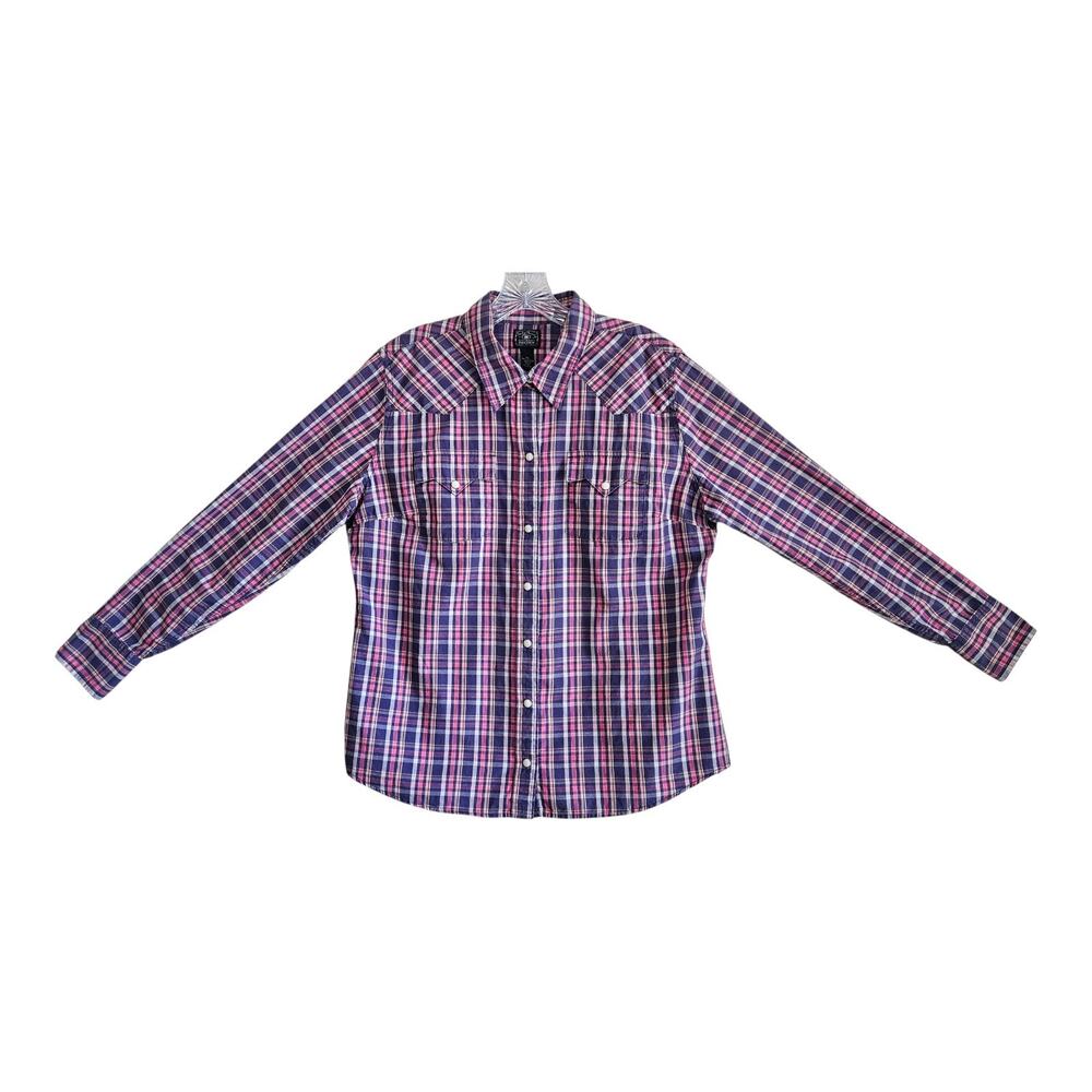 LUCKY BRAND Women's XL Shirt Plaid Pearl Snaps Western Cowgirl Long Sleeve 42"